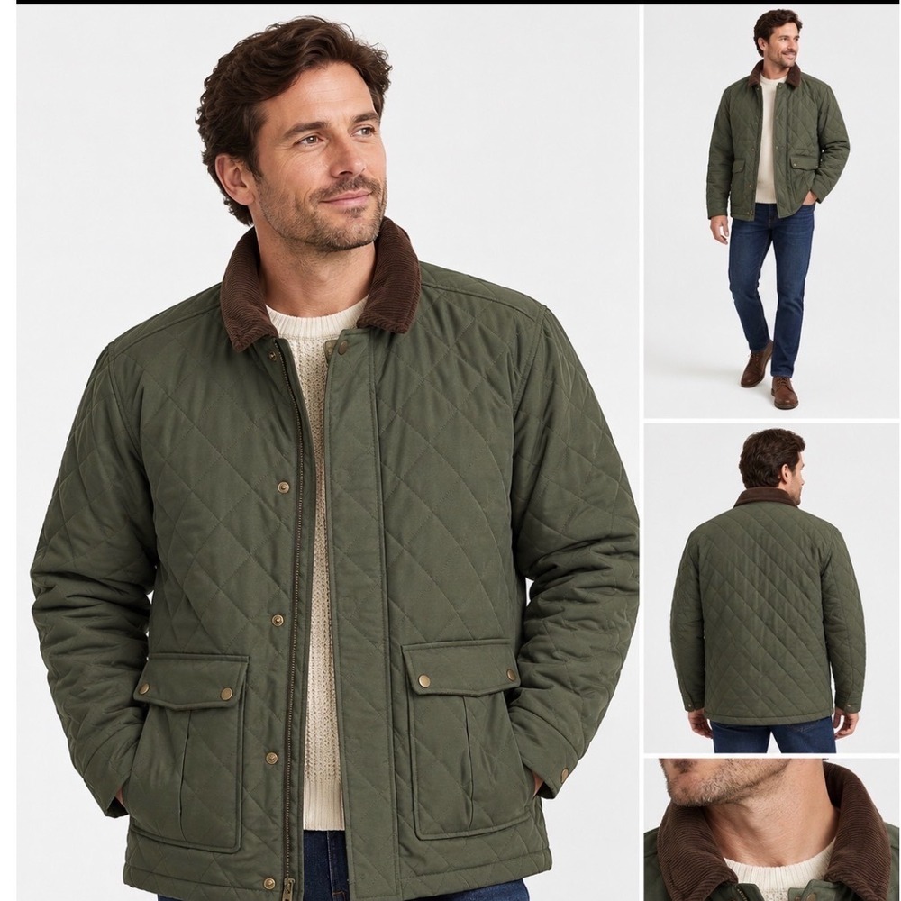 St. Johns Bay Mens Quilted Barn Jacket Avignon Pine Green Corduroy Trim Large